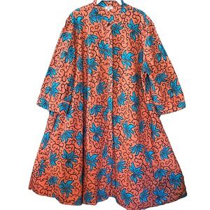 ZURI KENYA Cotton Dress Plus Size 1XL Orange & Turquoise Floral 3/4 Sleeve
